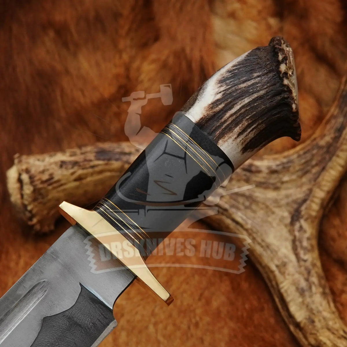 Natural elk antler handle on handmade hunting Bowie knife
