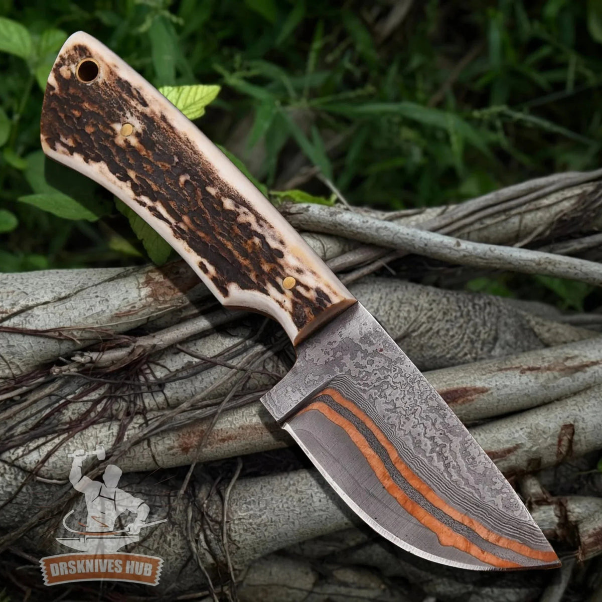 Natural stag antler handle on handmade Copper Damascus skinner knife