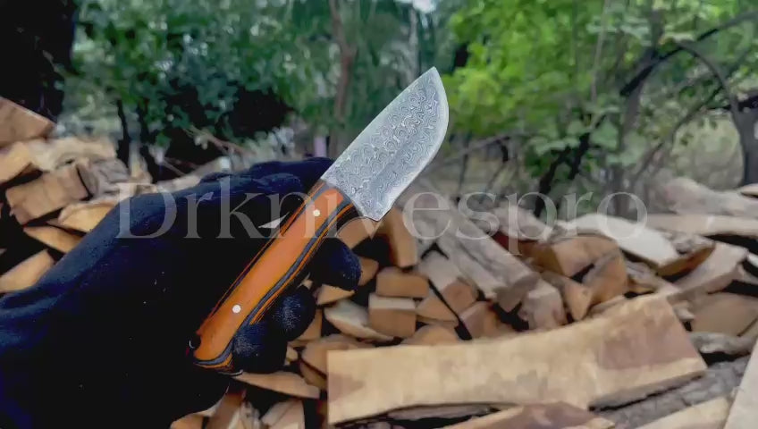 Handmade Damascus Steel Skinning Knife with Wood Handle & Leather Sheath  |DRSKNIVES HUB