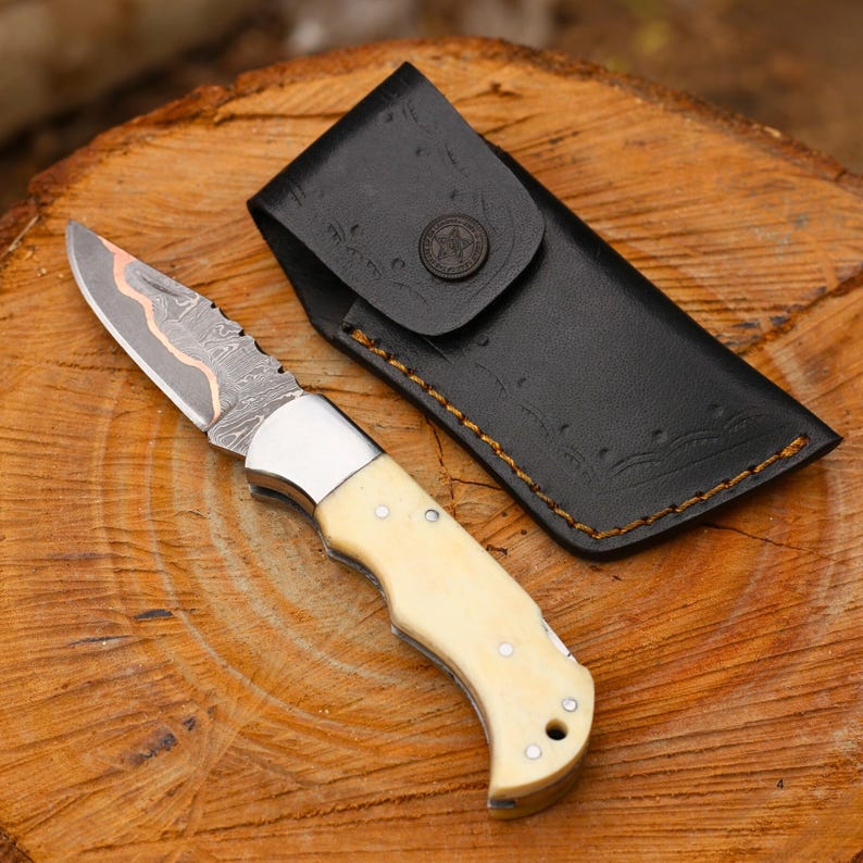 Pocket Folding Knife Handmade Damascus Steel Folding Pocket Knife Camel Bone Handle