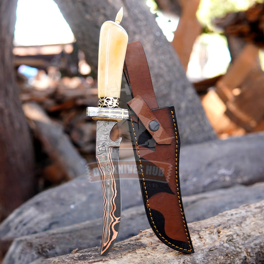 Copper Damascus Bowie Knife 15" – Handmade Bone Handle | DRSKNIVES HUB