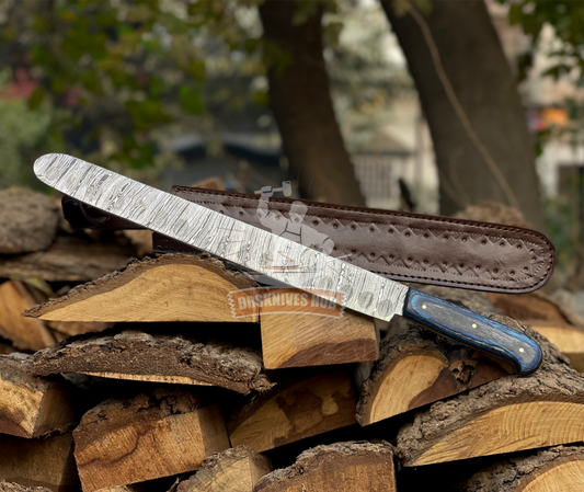 Handmade Damascus Steel Bread Knife with Leather Sheath | 17" Long Serrated Kitchen Knife | Wood Handle