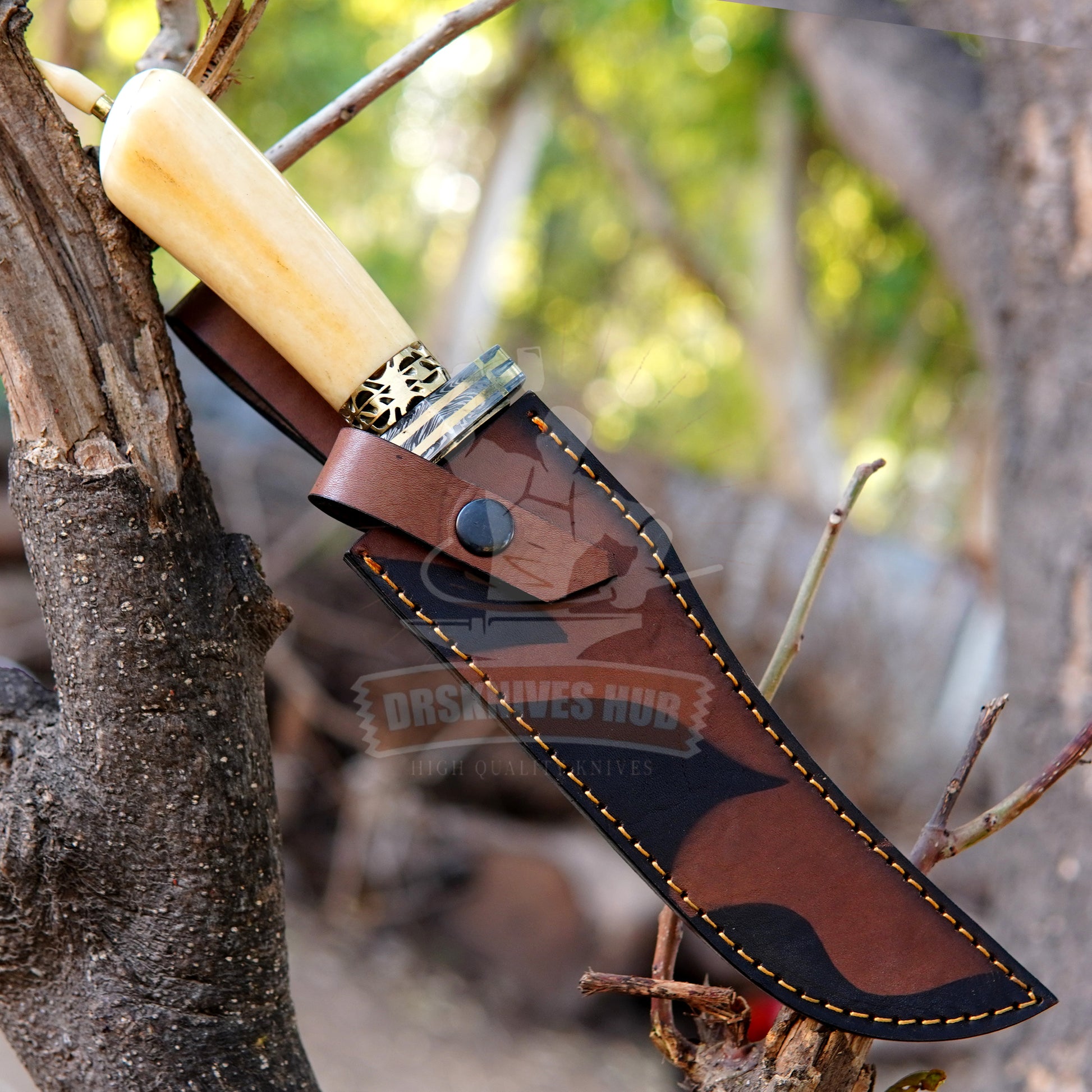 Copper Damascus Bowie Knife 15" – Handmade Bone Handle | DRSKNIVES HUB