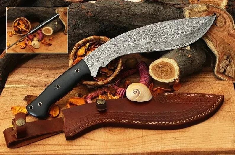 Handmade Damascus Steel Kukri Knife With Leather Sheath Cover Rain Drops Pattern