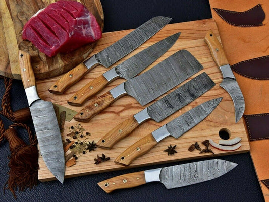 8 pcs Damascus Steel Blade Hand Forged Chef Set With Leather Roll Kit Bag Wood Handle