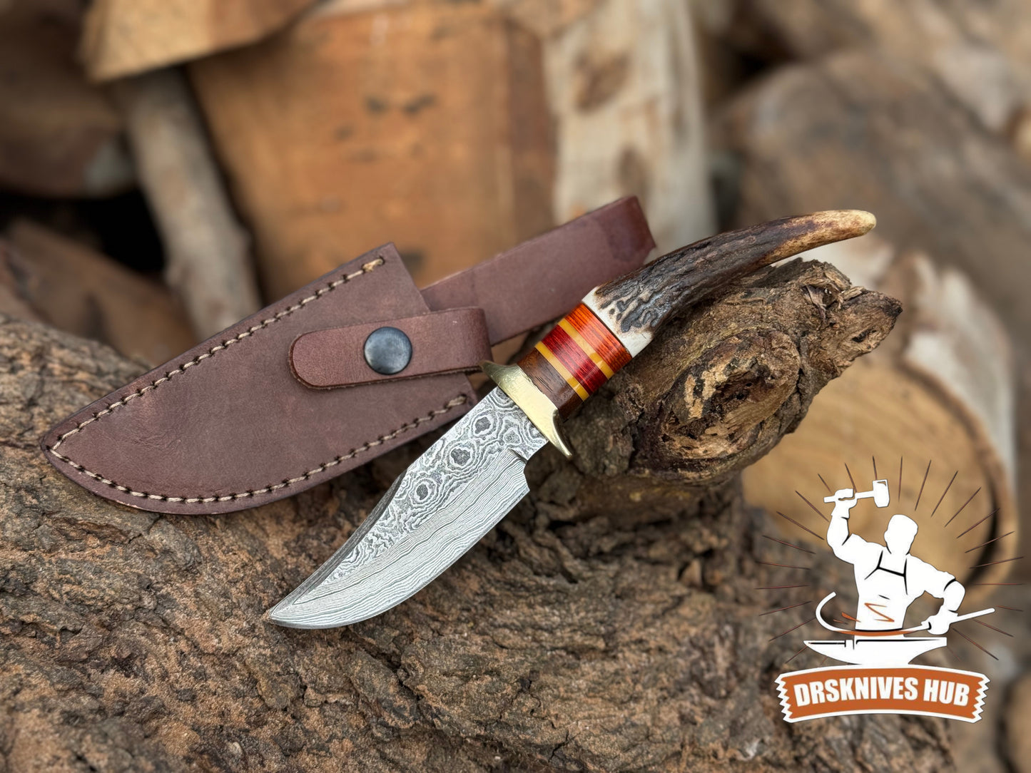 Hand-Forged Damascus Steel Knife Stag & Wood Handle  Leather Sheath Included | DRSKNIVES HUB