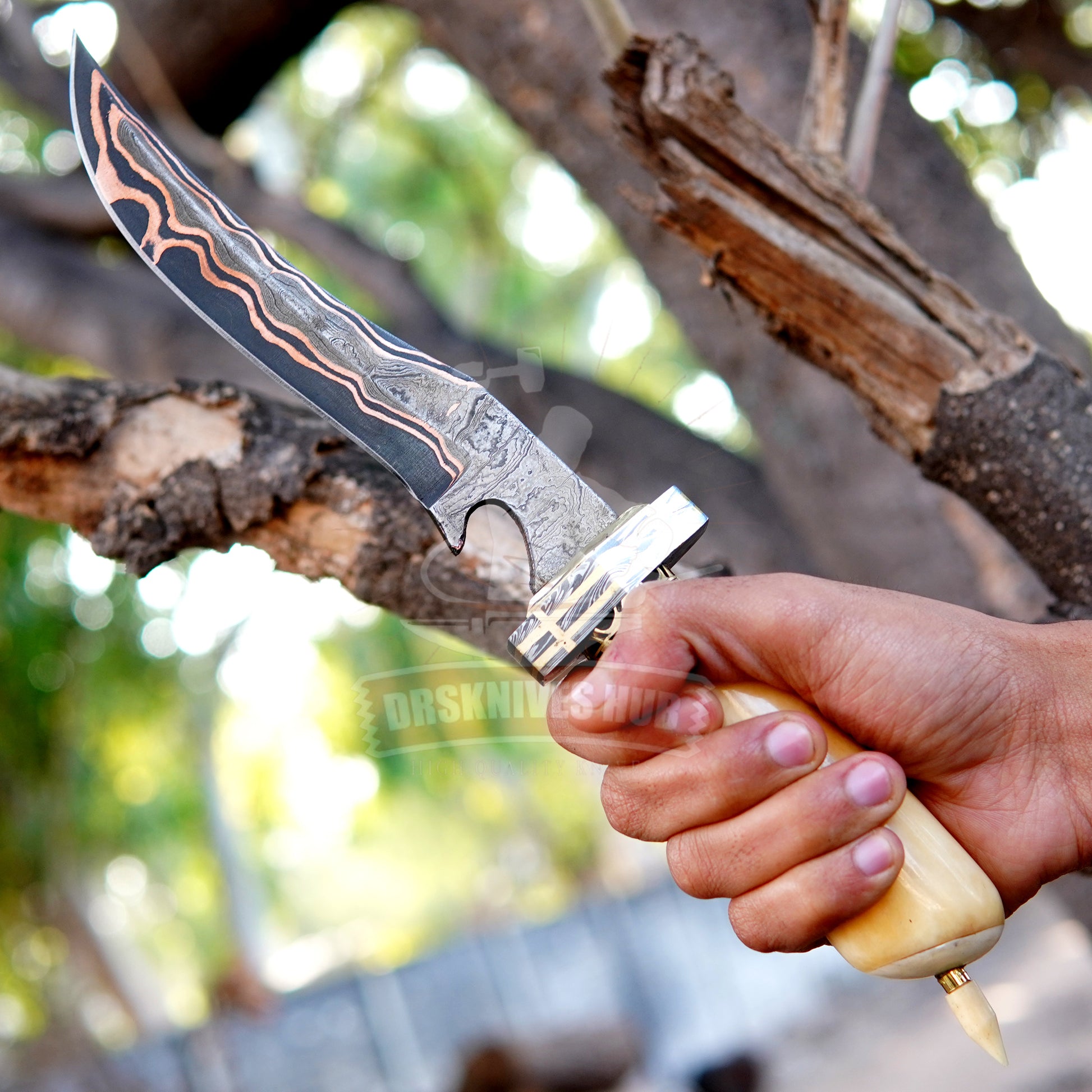 Copper Damascus Bowie Knife 15" – Handmade Bone Handle | DRSKNIVES HUB