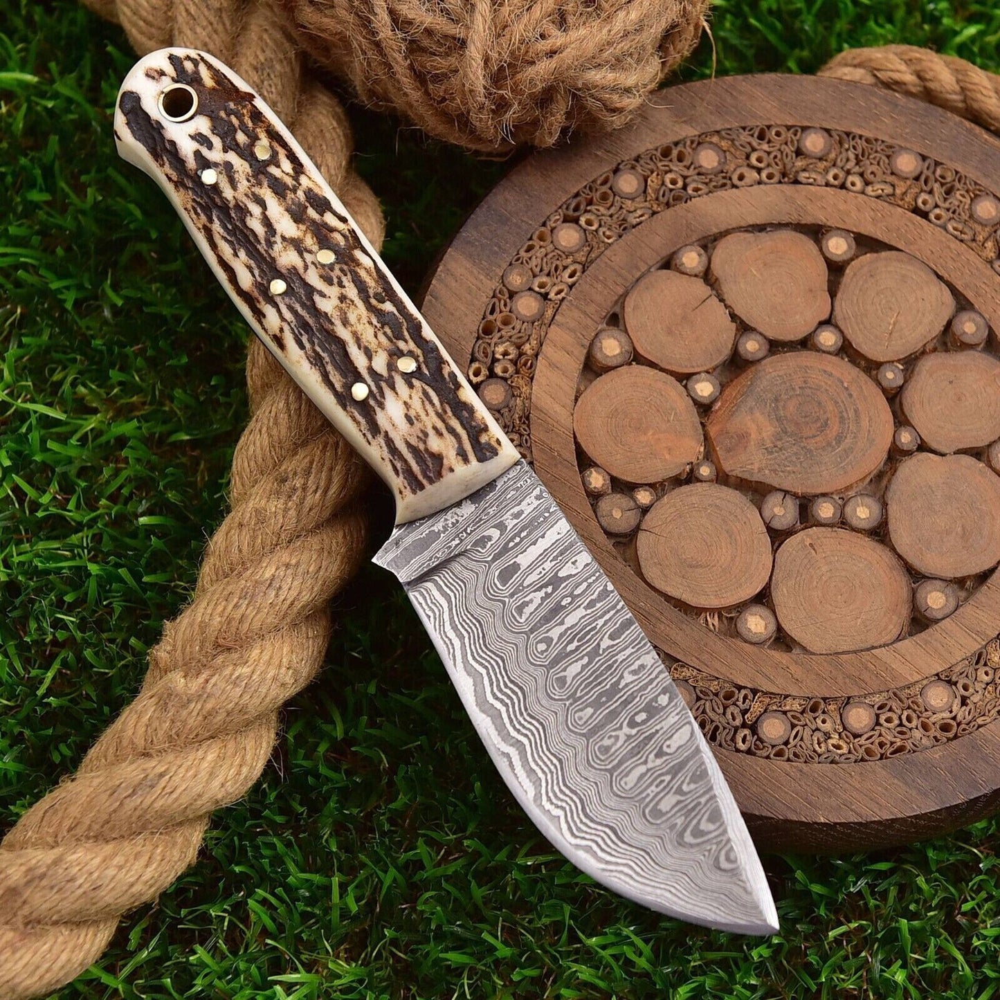 Handmade Damascus Hunting Skinning Knife With Deer Stag Horn Handle