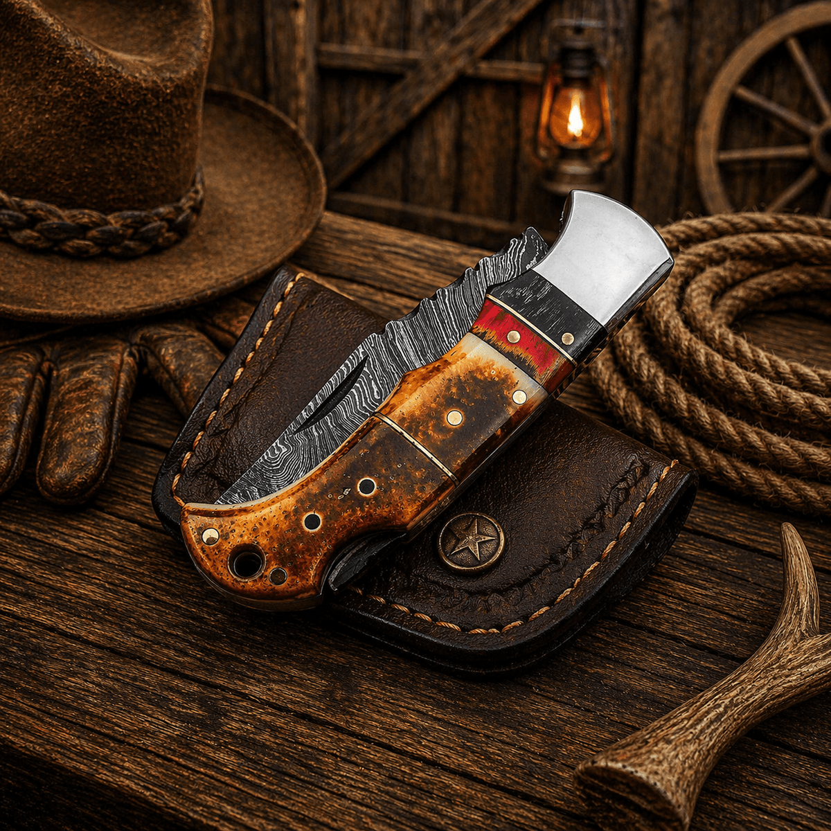 Damascus Folding Pocket Knife – Burnt Camel Bone Handle | DRSKNIVES HUB