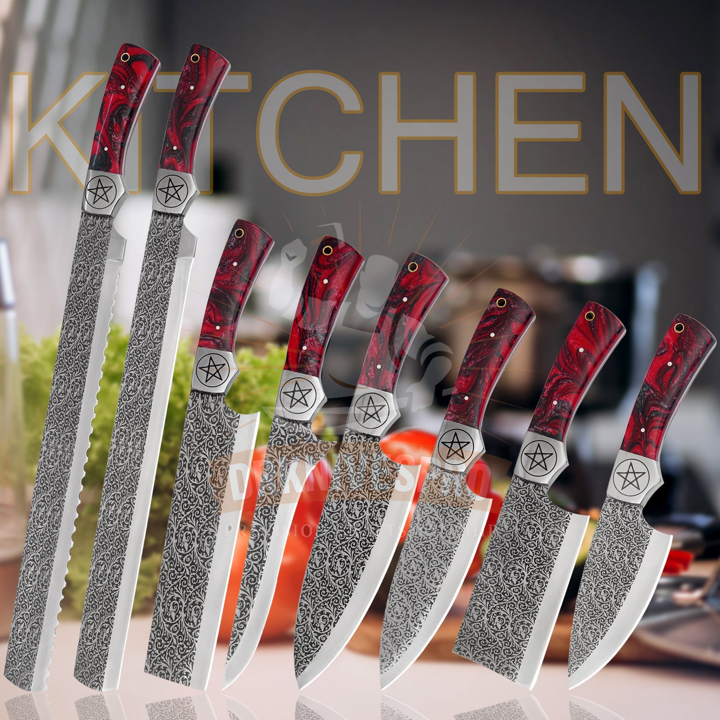 9 PCS Handmade Etching Chef Set with Leather Roll Kit Bag |DRSKNIVES HUB