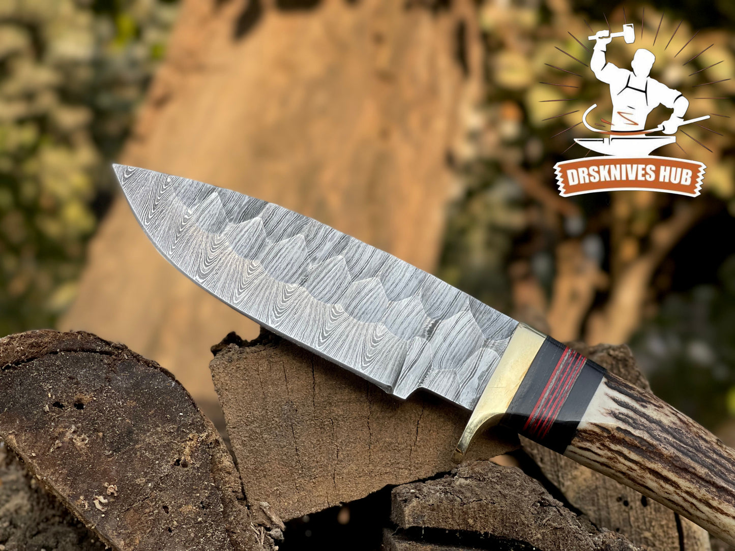 Handmade Damascus Hunting Knife – 10.5” Overall | Stag Antler Handle | Full Tang Outdoor Knife with Leather Sheath | DRSKNIVES HUB