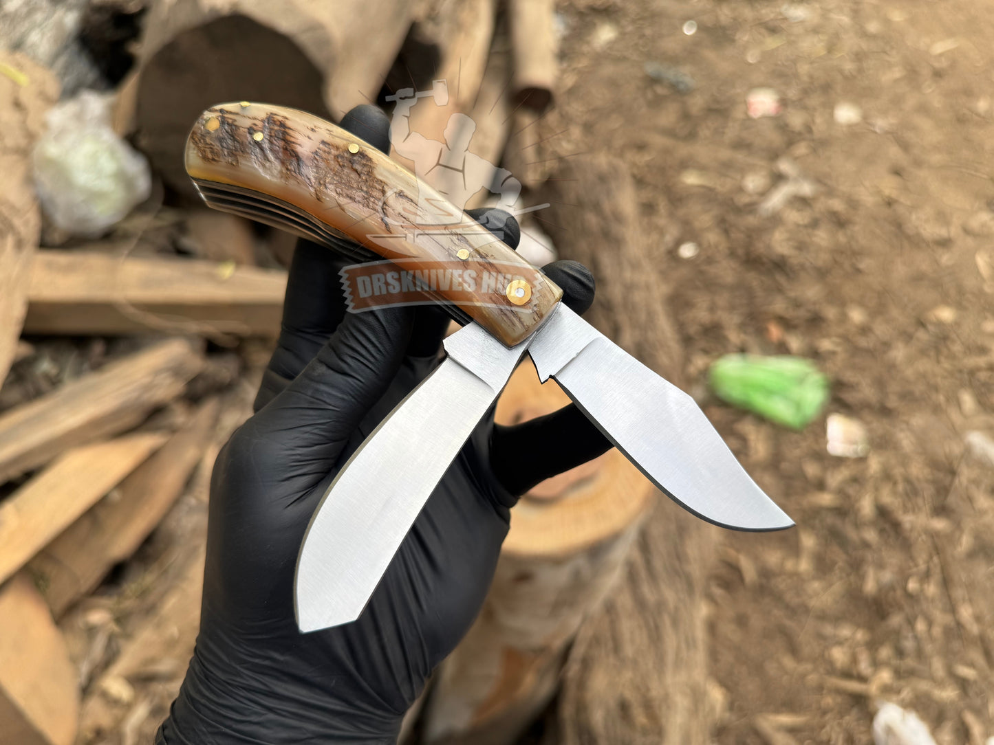 Dual Blade Folding Knife with Ram Horn Handle | Premium EDC Pocket Knife