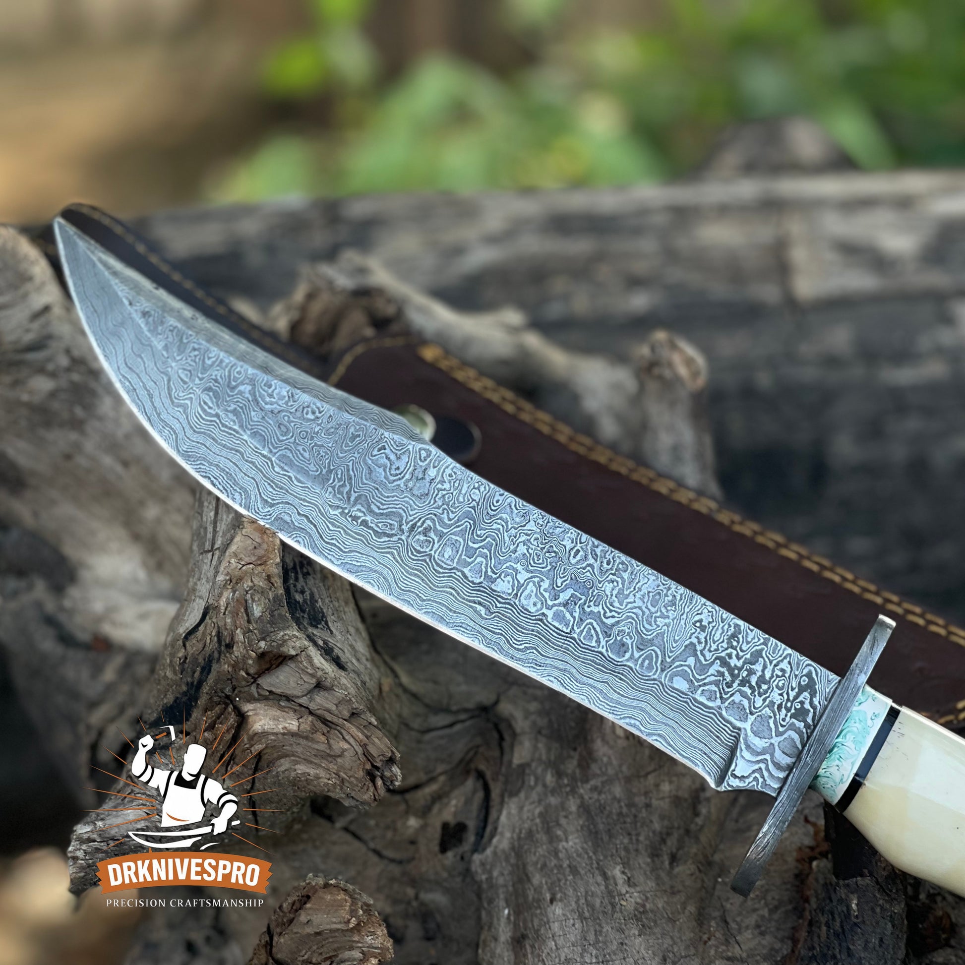 Damascus Steel Bowie Knife with Bone Handle - Handcrafted Edc knife | DRSKNIVES HUB