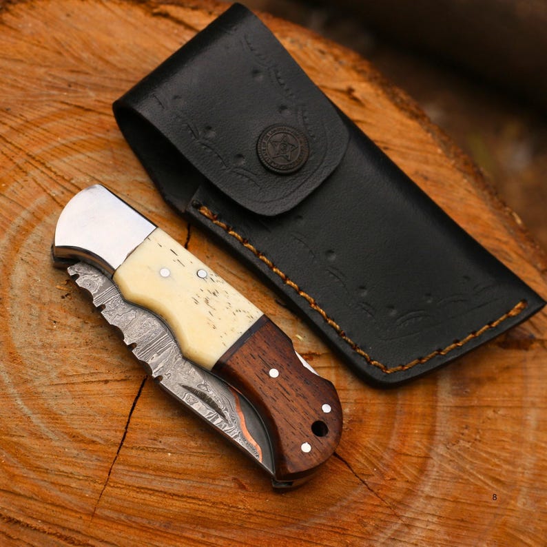Custom Handmade Damascus Steel Copper Pocket Knife With Leather Sheath Cover