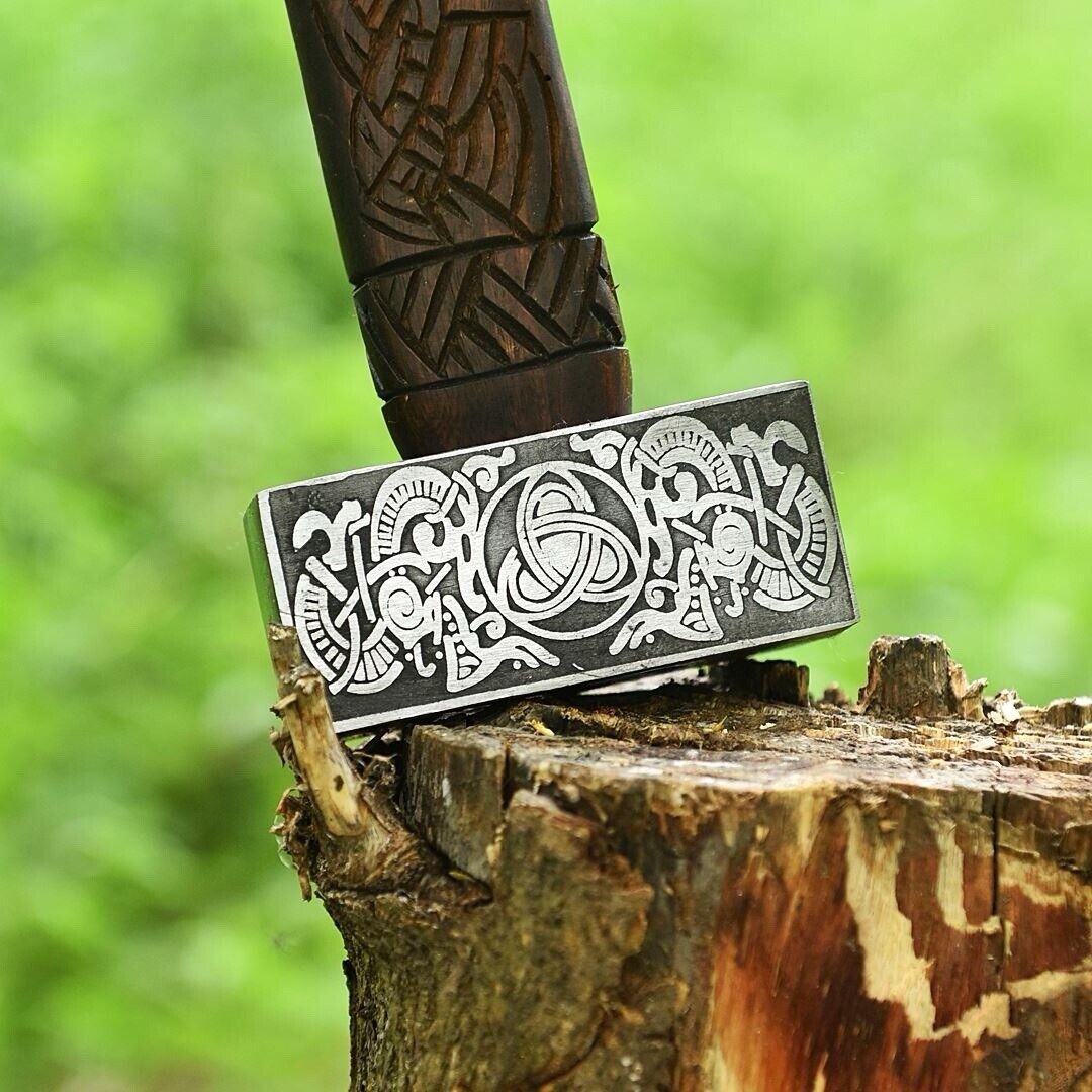 Viking Battle Hammer Engrave Wood Handle Medieval War Hammer