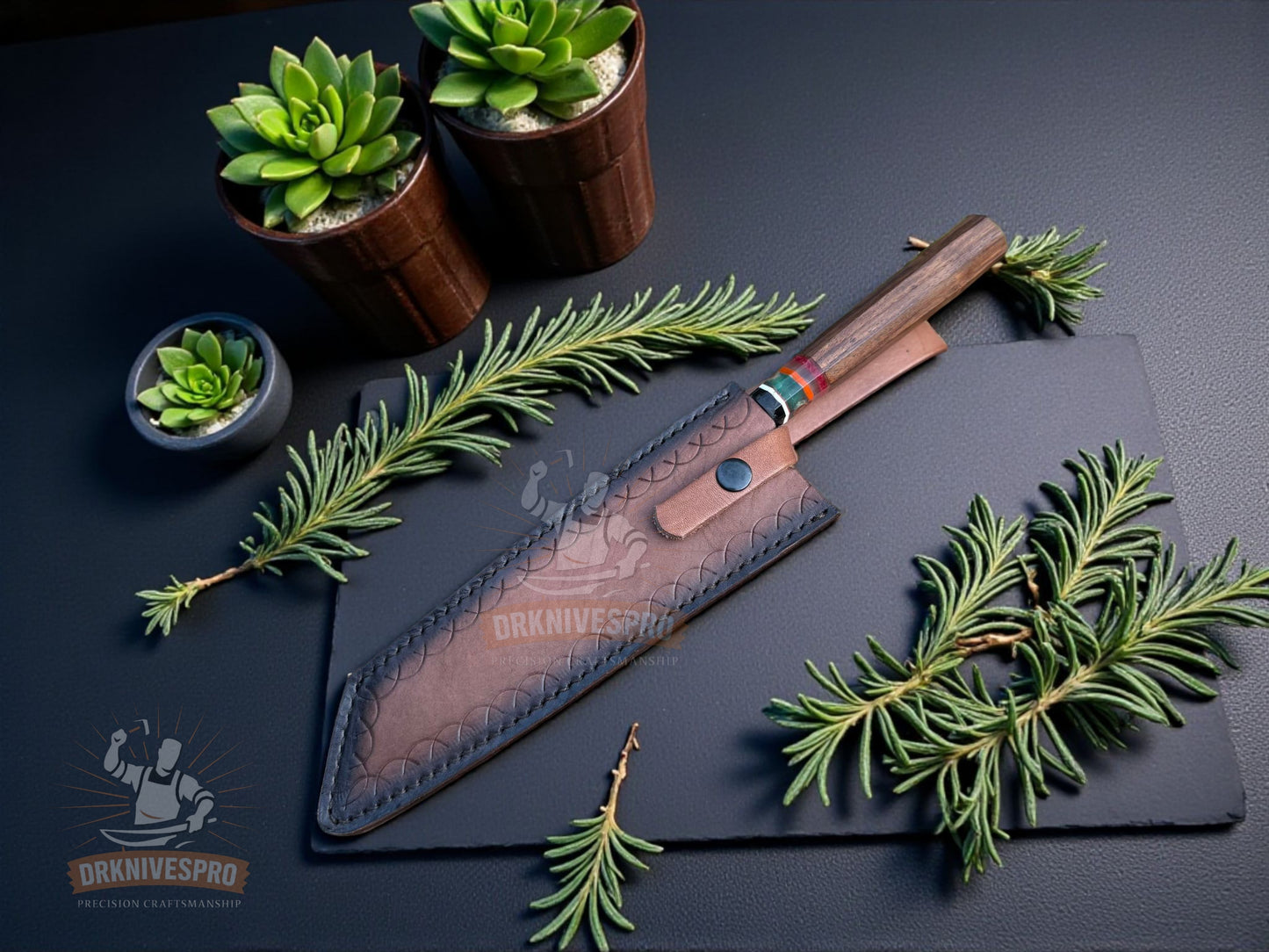 Chef Knife with Wood Handle and Leather Sheath Cover | DRSKNIVES HUB