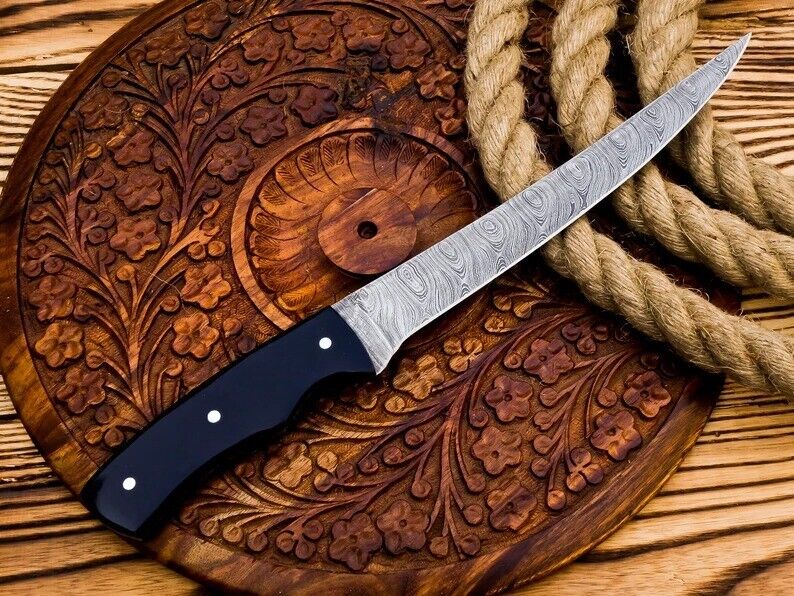 Full Tang Handmade Damascus Steel Fishing Fillet Knife With Leather Sheath Cover