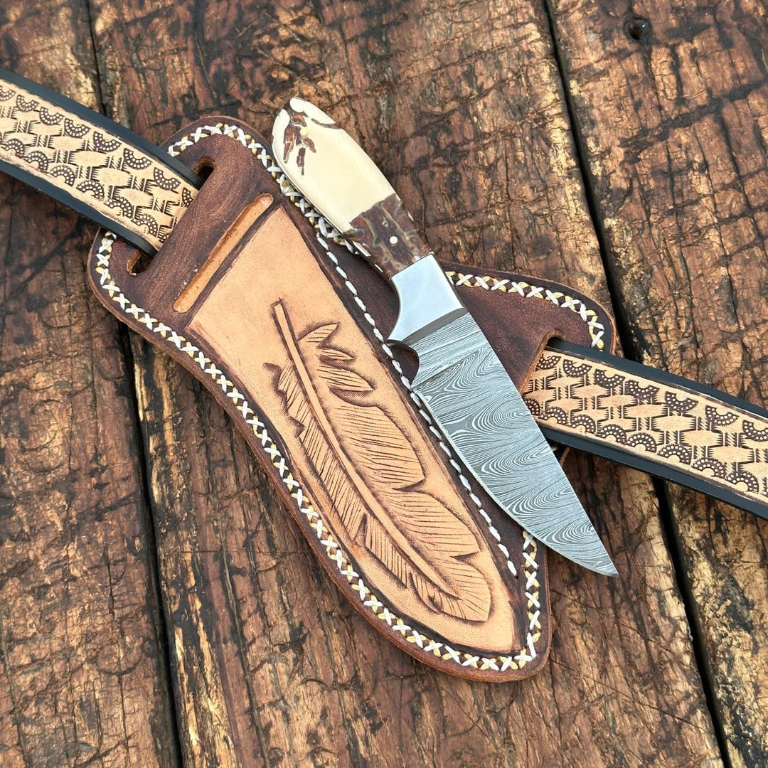 Handmade Damascus Steel Skinner Knife With Leather Sheath Cover