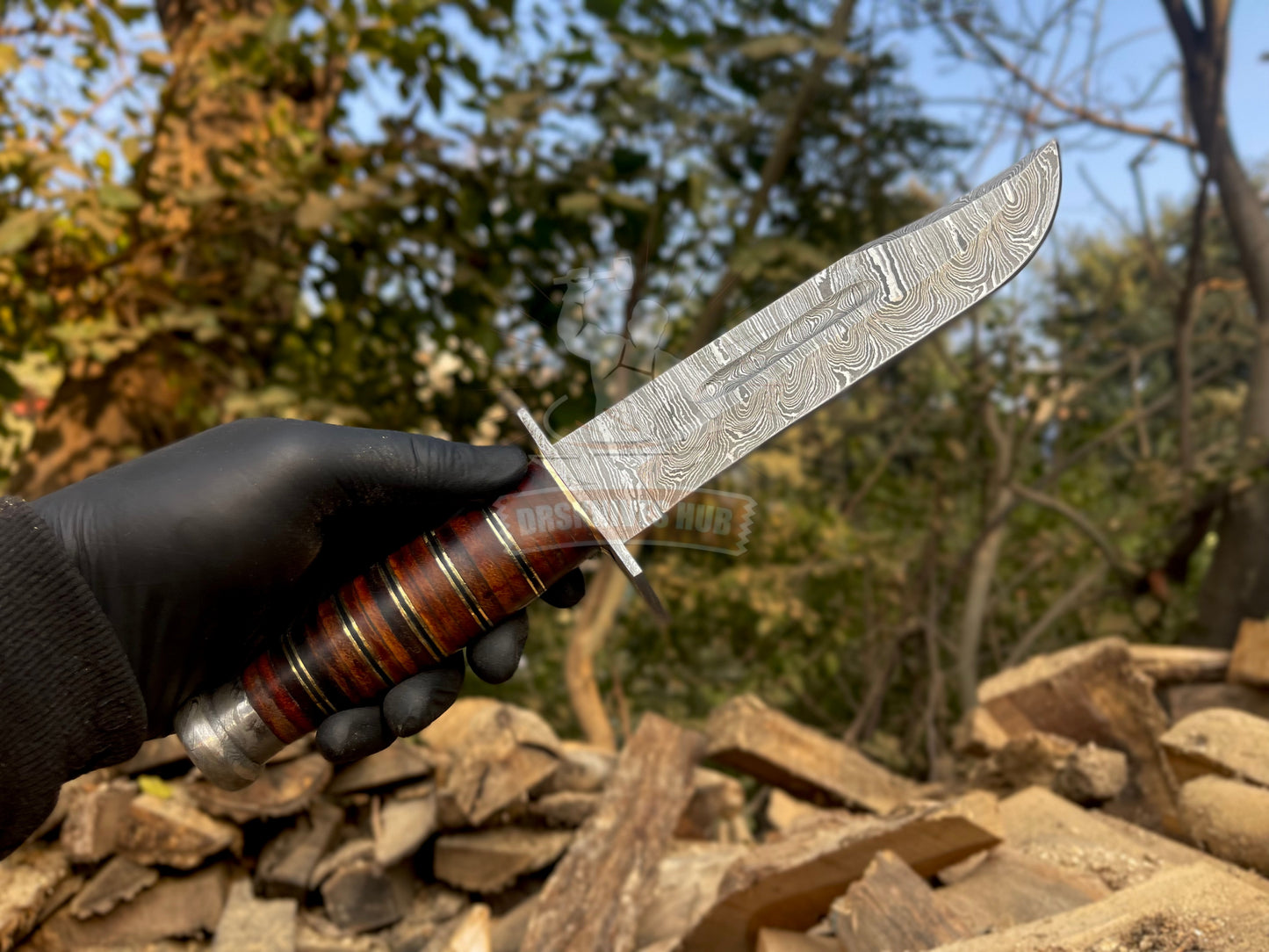 Handcrafted Damascus Steel Blade Bowie Knife Featuring a Leather Handle | DRSKNIVES HUB