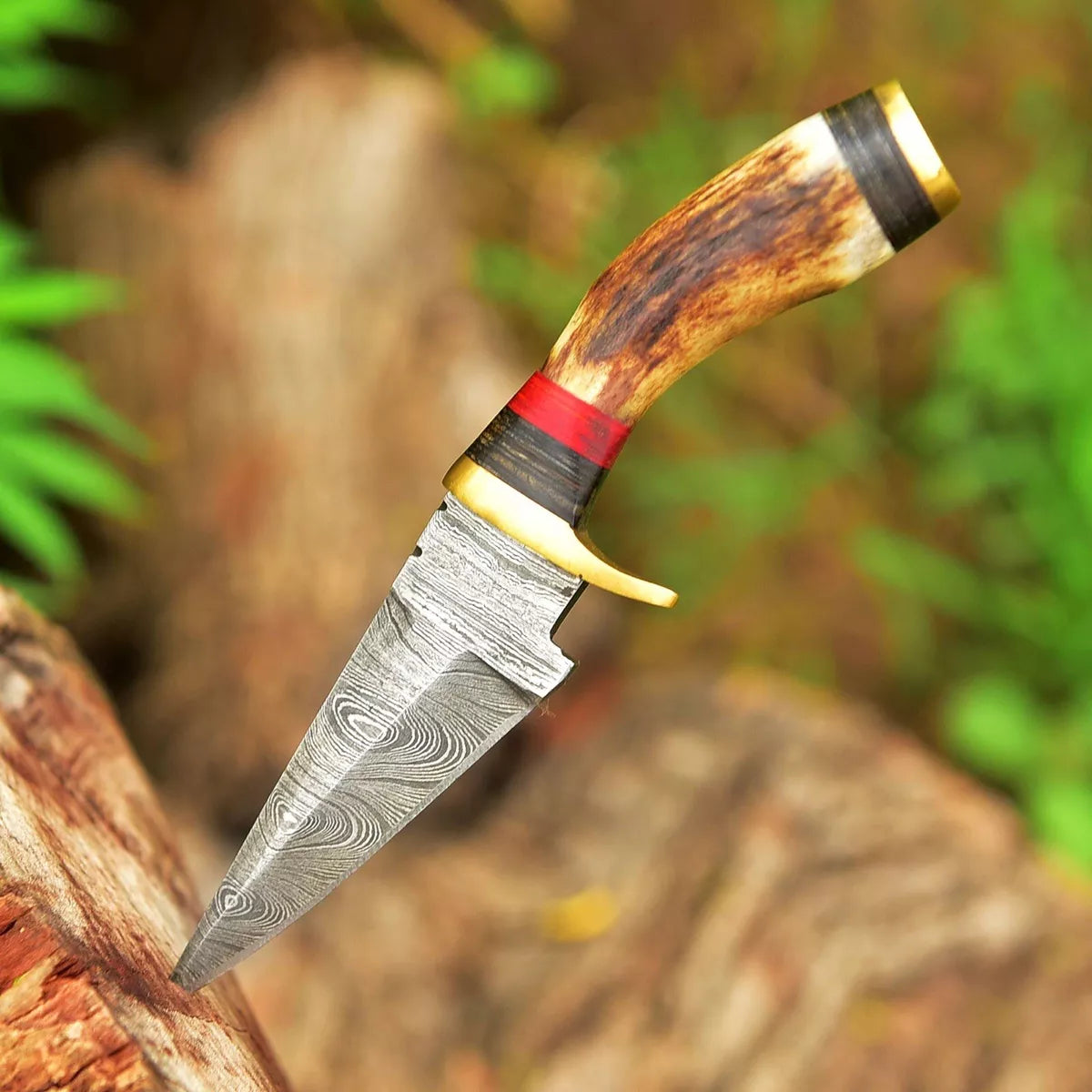 DAMASCUS STEEL HUNTING SKINNING KNIFE DEER STAG ANTLER HANDLE