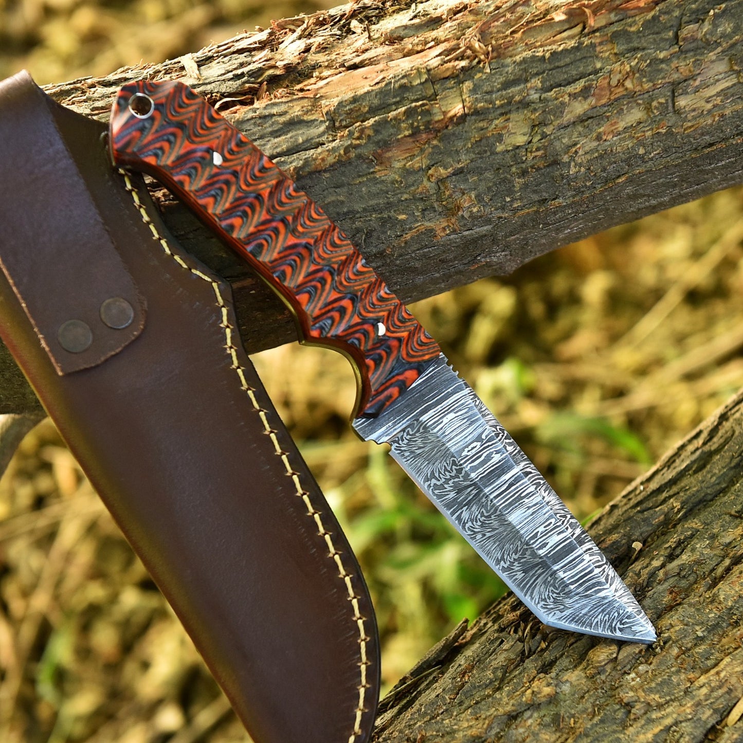 Damascus Tanto Knife – 8.5 Inch Fixed Blade with Pakkawood Handle