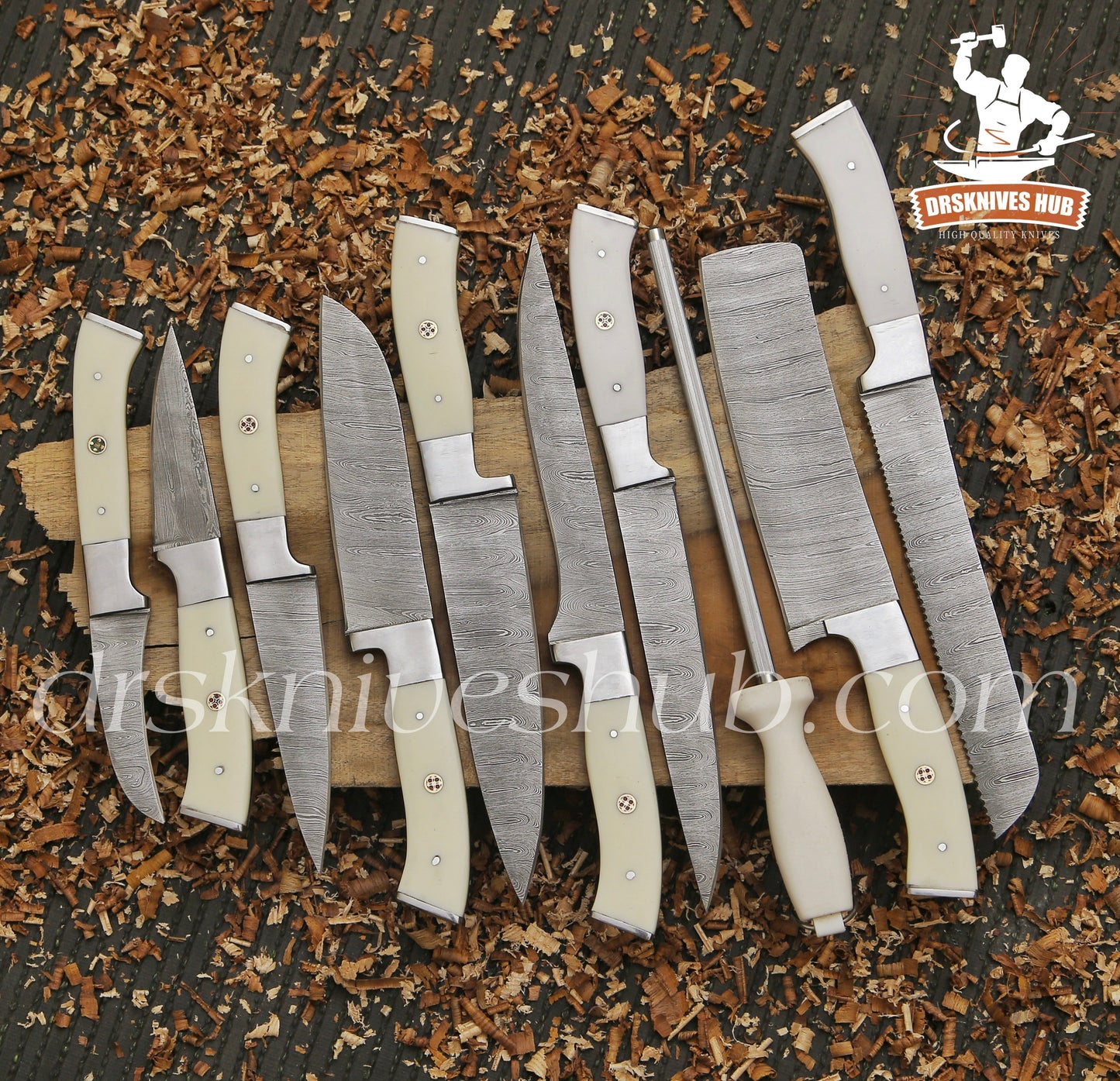 9 pcs Handmade Damascus Steel Kitchen Set Bbq Chef Knife Set With Leather Roll kit