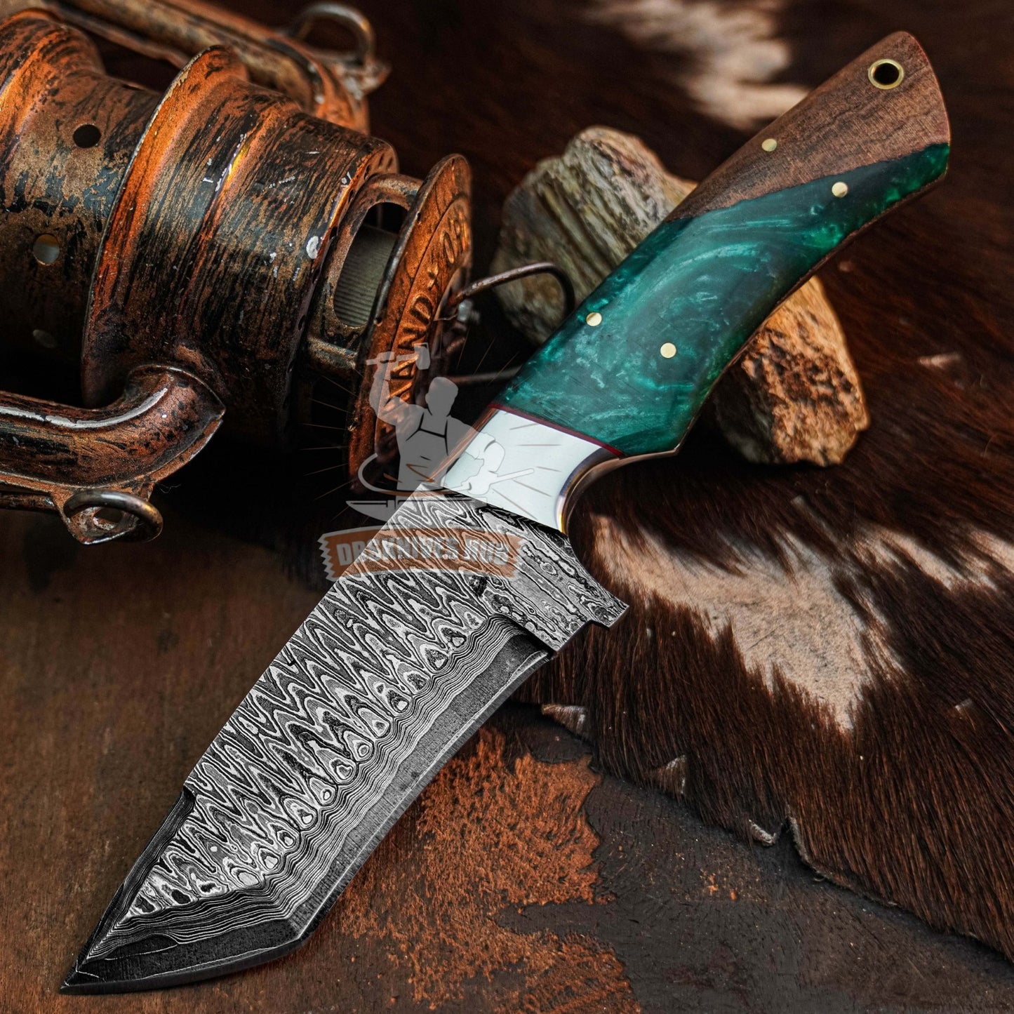 Damascus Steel  Hunting Knife FullTang Resin Handle Fix Blade Tanto knife