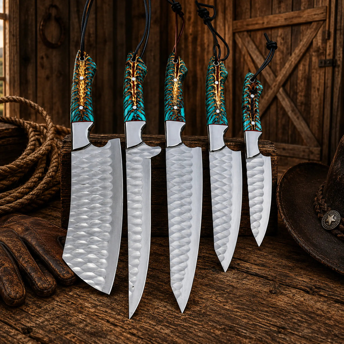 Handmade D2 Steel Chef Knife Set – 5 Piece Kitchen Knife Set with Pine Cone Resin Handles