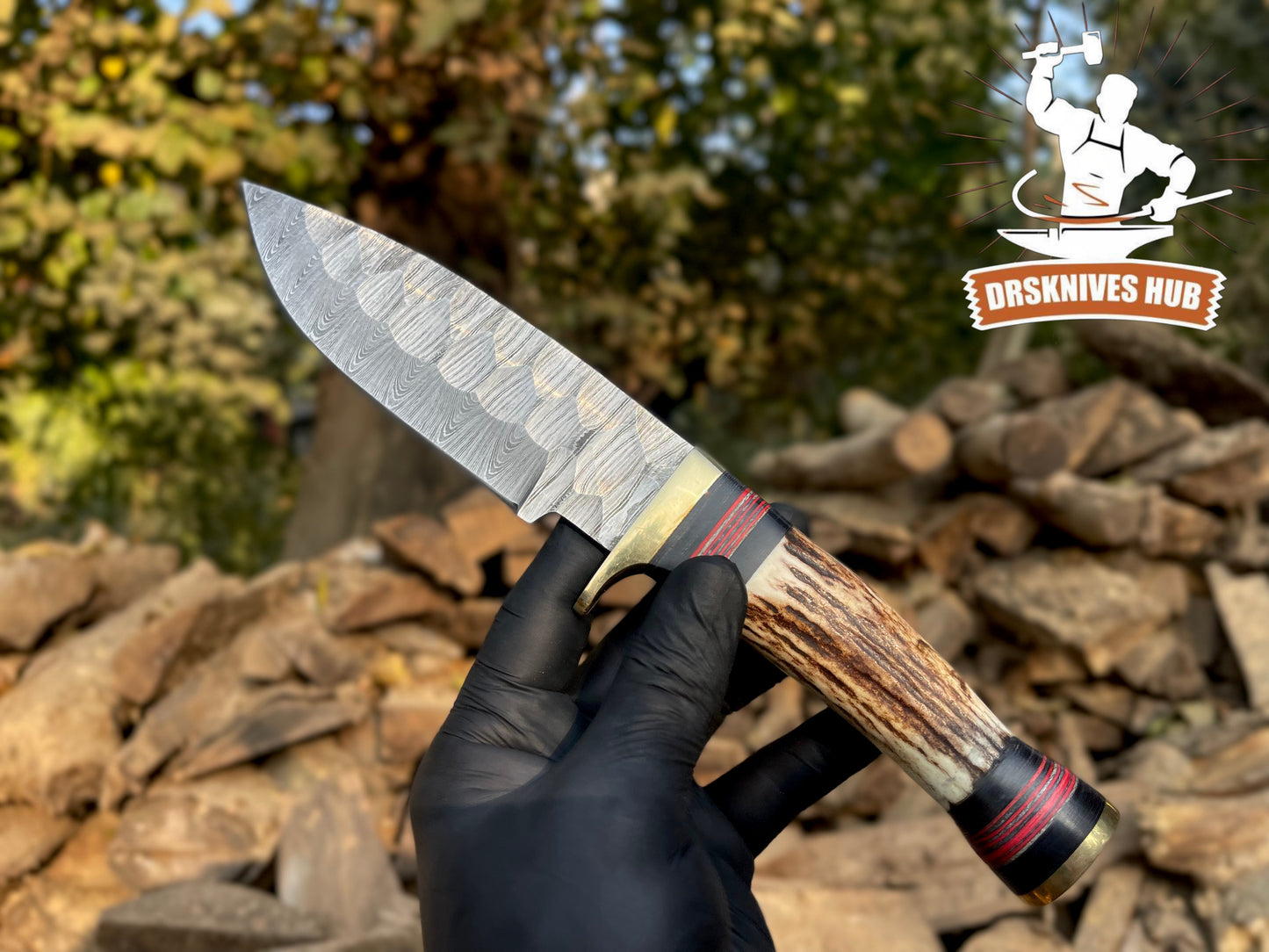 Handmade Damascus Hunting Knife – 10.5” Overall | Stag Antler Handle | Full Tang Outdoor Knife with Leather Sheath | DRSKNIVES HUB
