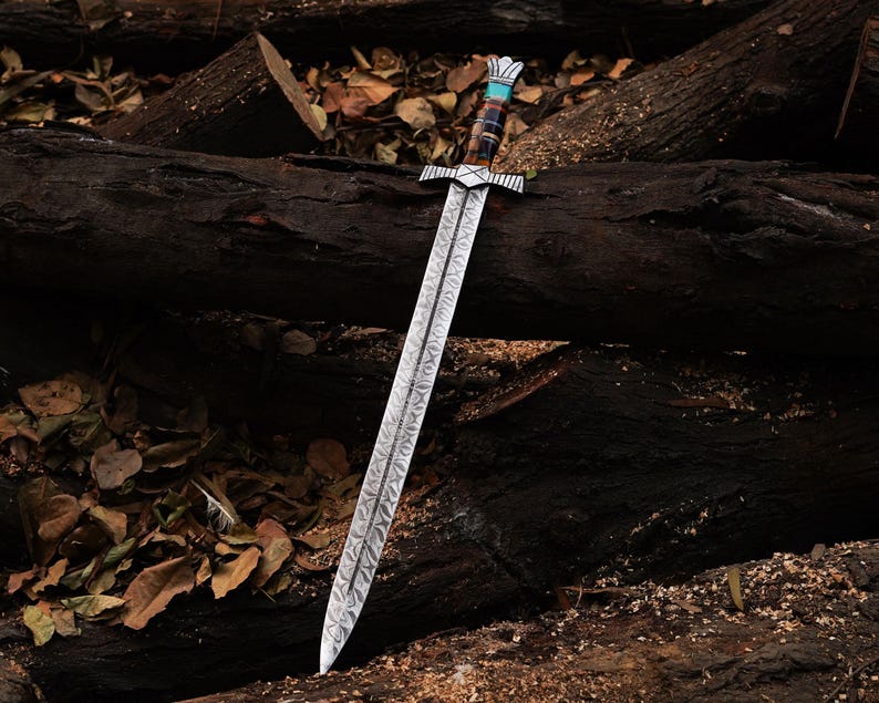 Hand Forged Damascus Steel Blade Viking Sword With  Leather Sheath Cover|| Drs Knives Hub