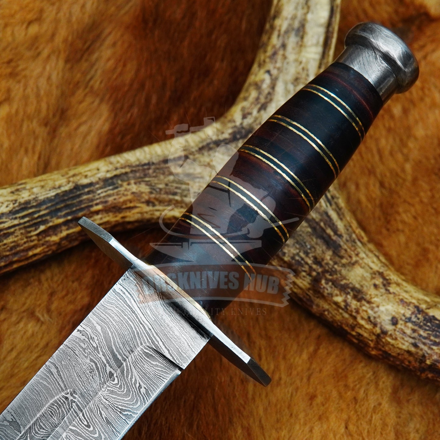 Damascus Bowie Knife 13" – Leather Stack Handle Full Tang | DRSKNIVES HUB