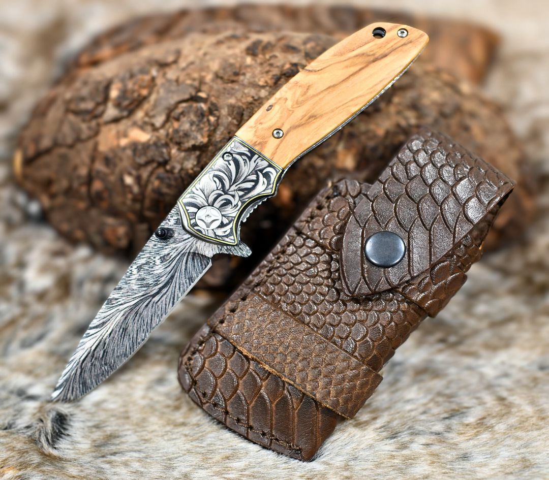 Damascus Pattern Pocket Knife with Exotic Olive Wood Handle