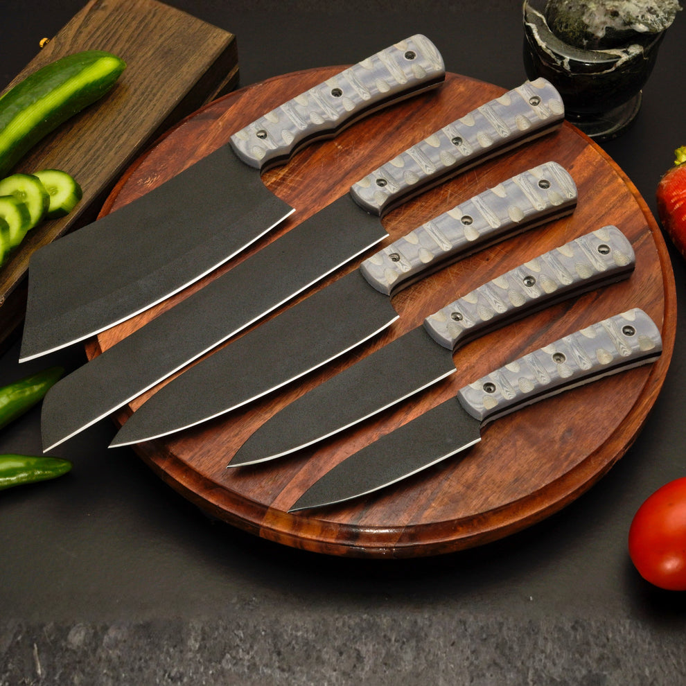 5-Piece Chef Knife Set with Non-Slip Micarta Handles & Leather Roll