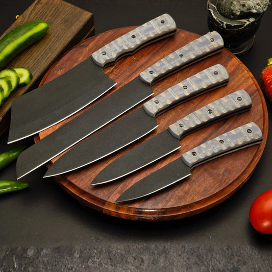 5-Piece Chef Knife Set with Non-Slip Micarta Handles & Leather Roll