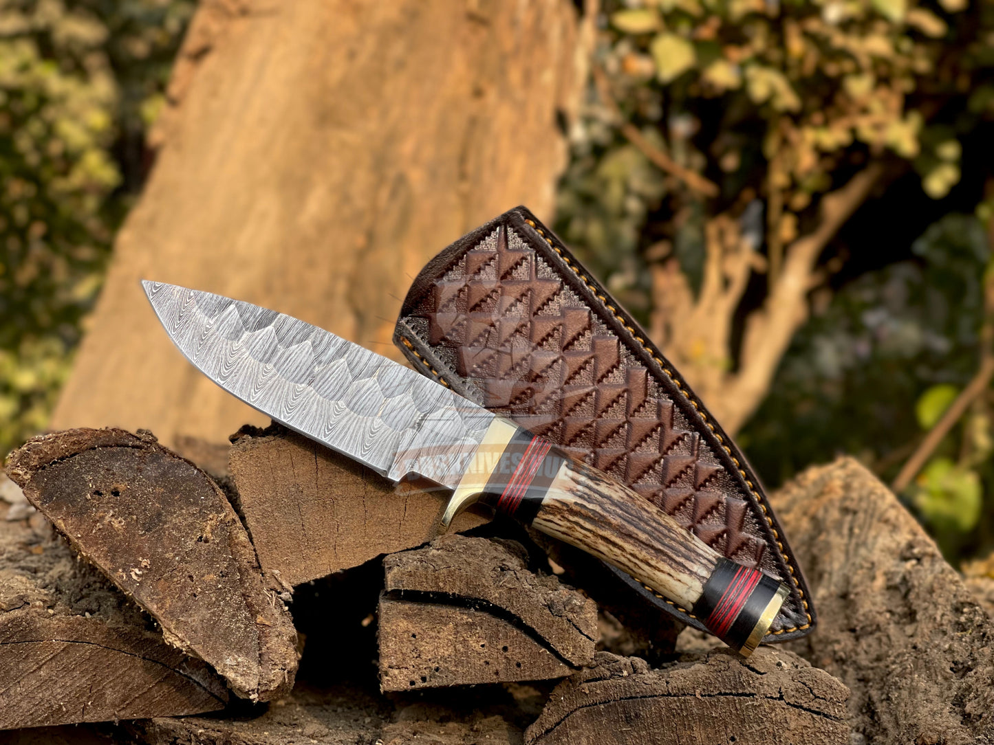 Handmade Damascus Hunting Knife – 10.5” Overall | Stag Antler Handle | Full Tang Outdoor Knife with Leather Sheath | DRSKNIVES HUB