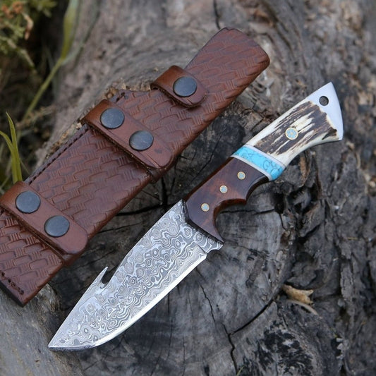 Damascus Gut Hook Knife With Leather Sheath Cover Stag Handle