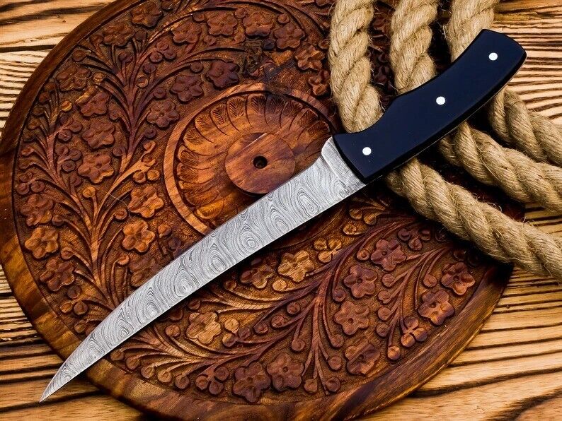 Full Tang Handmade Damascus Steel Fishing Fillet Knife With Leather Sheath Cover