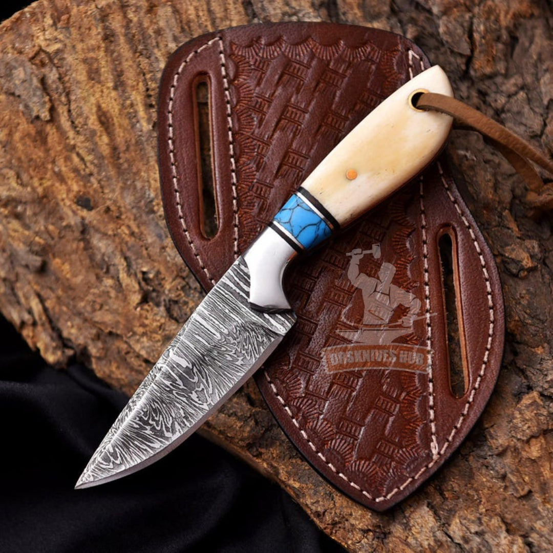 Damascus EDC Skinner Knife 6" – Camel Bone & Turquoise Handle | DRSKNIVES HUB