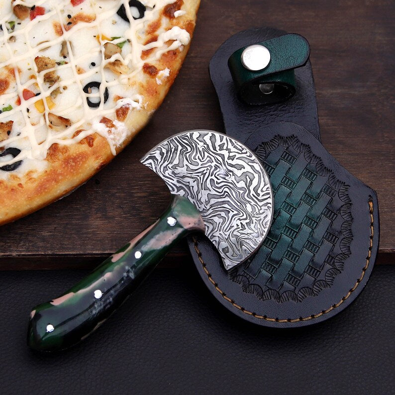 Handmade Damascus Steel Ulu Pizza Cutter, Green Resin Handle & Leather Sheath