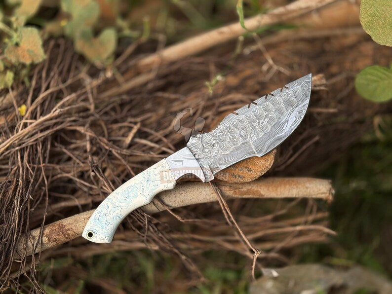 Damascus Steel Tracker Knife - Handmade knife with Resin Handle & Leather Cover | DRSKNIVES HUB