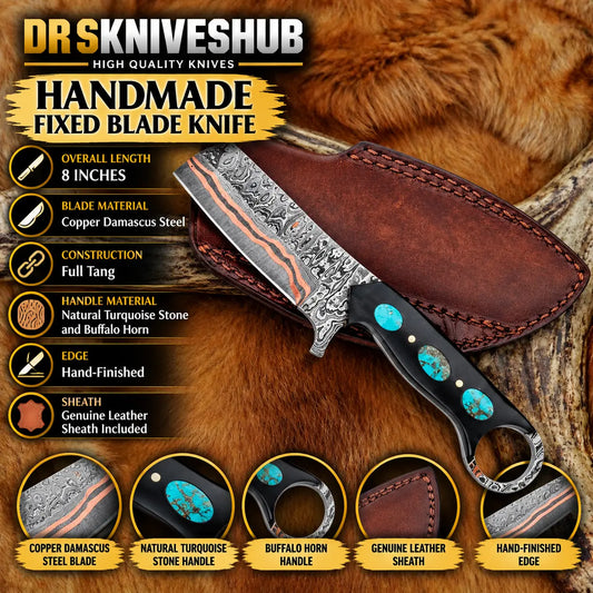 Copper Damascus Bull Cutter Knife 8\" | Turquoise & Buffalo Horn Handle DRSKNIVES HUB