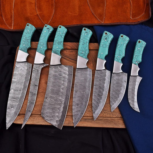 Professional 7-Piece Damascus Chef Knife Set with Leather Roll Kit