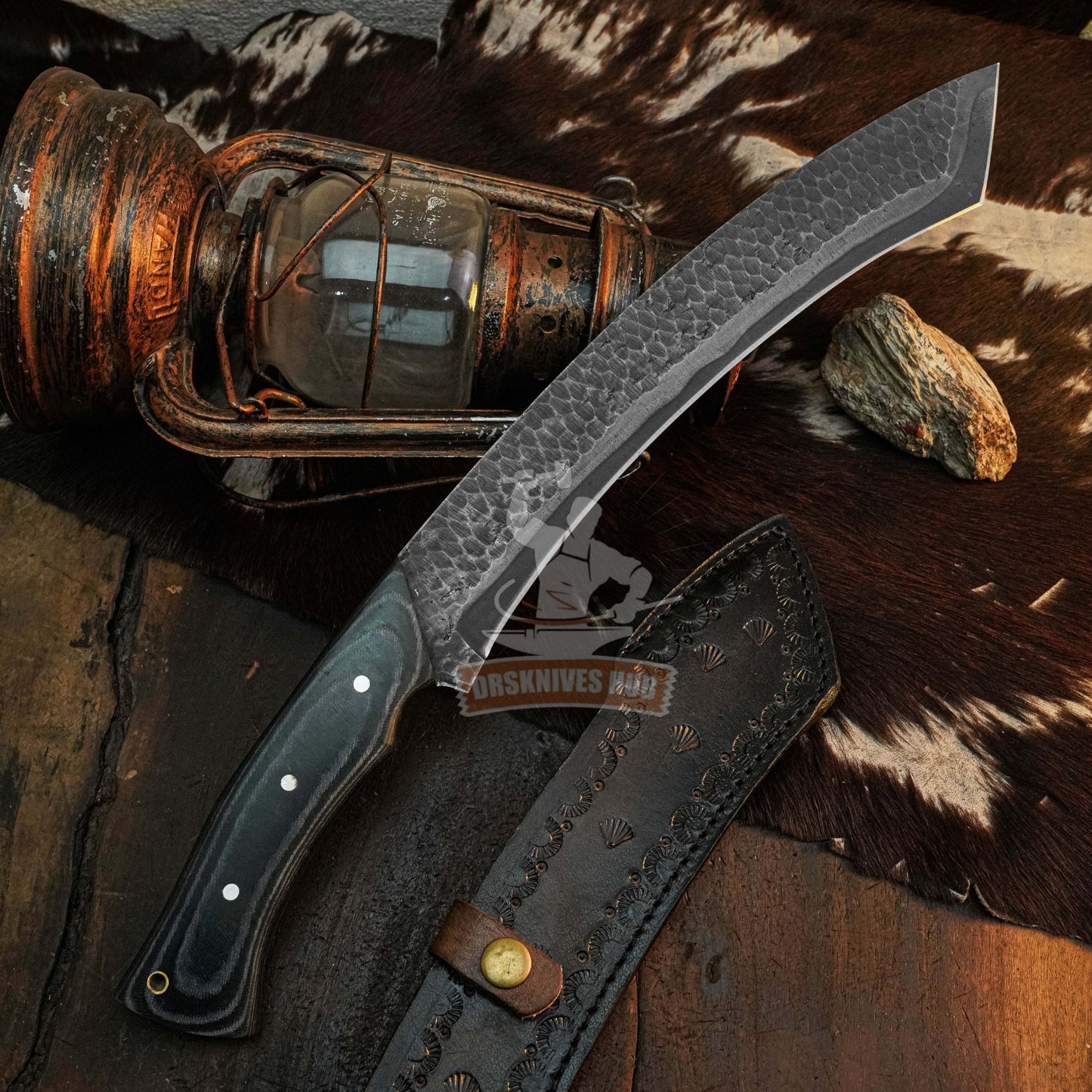 16.8" Handmade  Full Tang Tanto knife Micarta Handle Leather Sheath