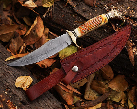 Handmade Damascus Steel Hunting Knife With Bone Handle Camping knife , Bushcraft Knife With Leather Sheath Cover