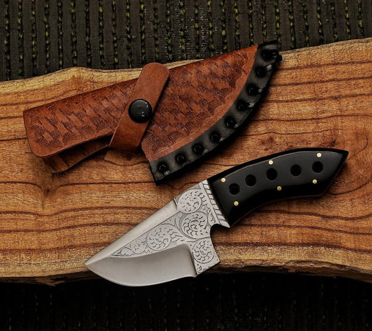 Handmade j2 Steel Engraved Blade Skinner Knife With Leather Sheath Cover