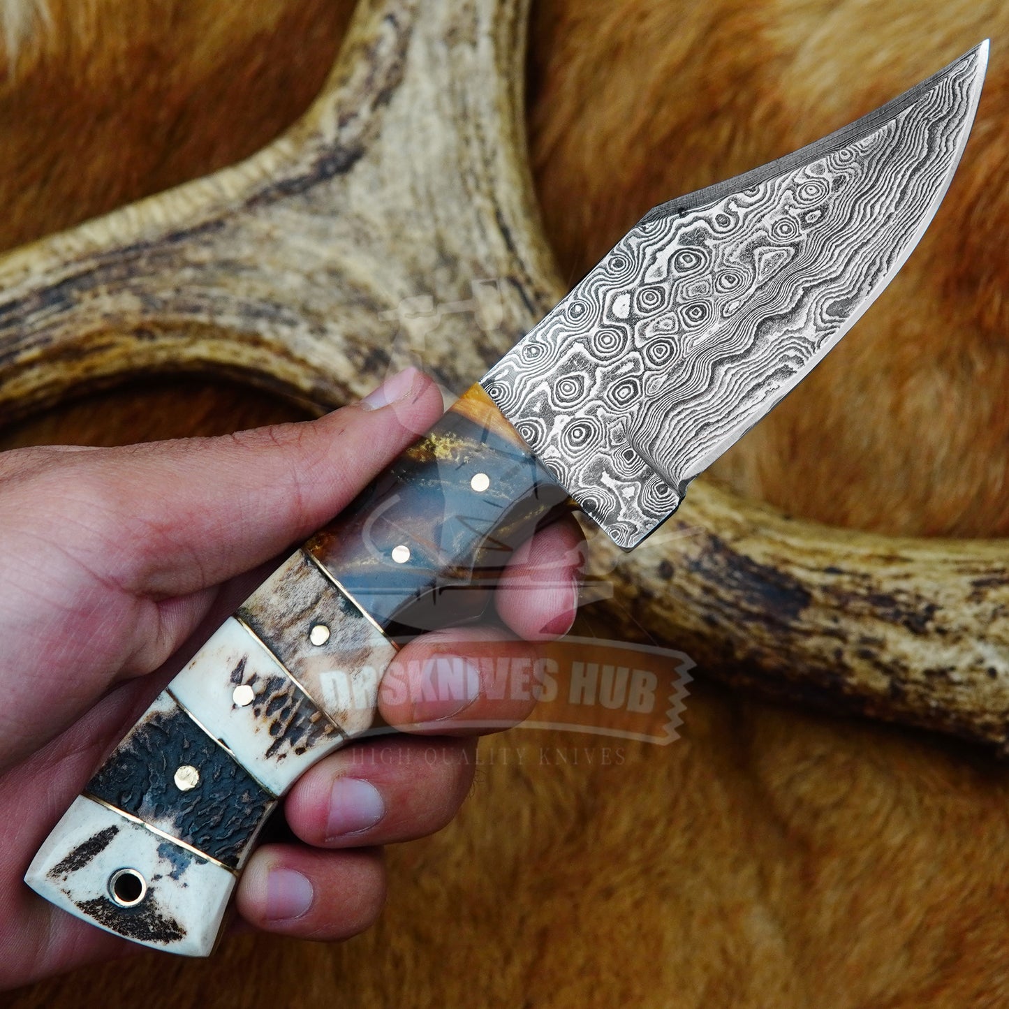 Set Of Handmade Damascus Steel  Hunting Skining Knife With Leather sheaths