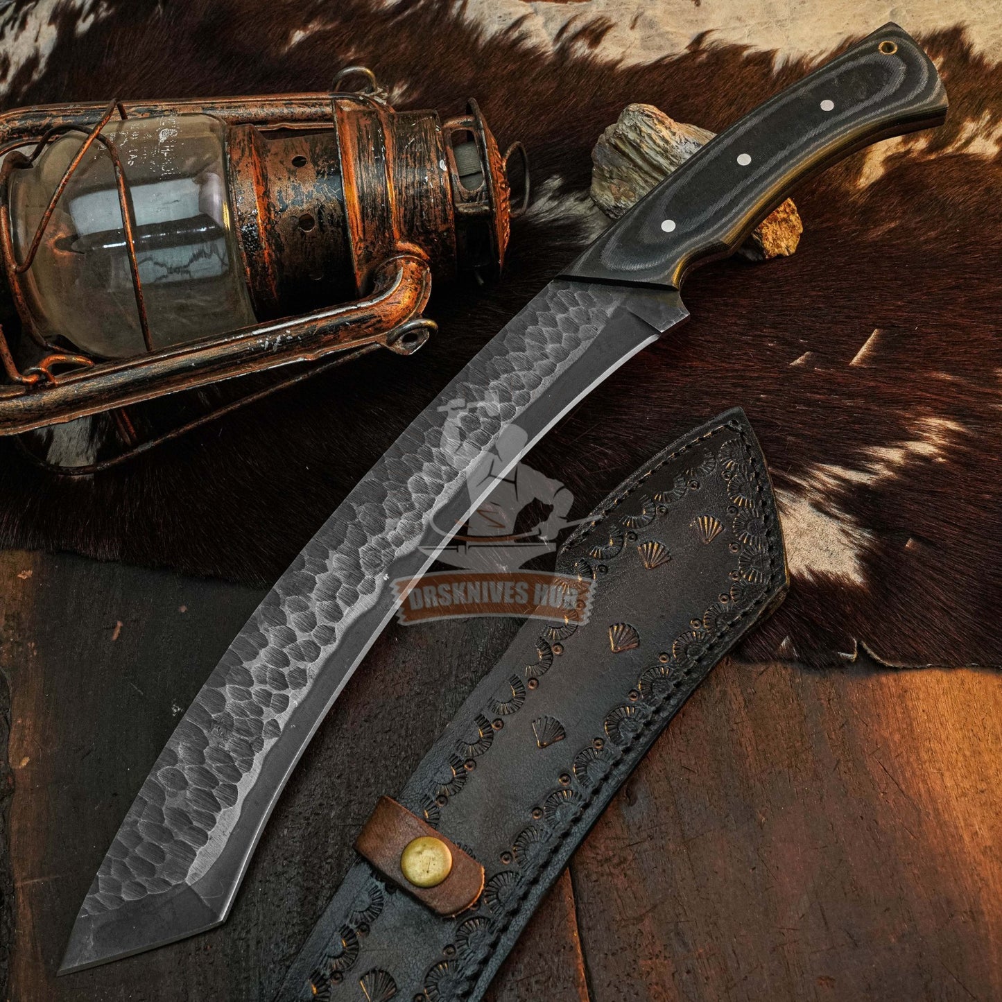 16.8" Handmade  Full Tang Tanto knife Micarta Handle Leather Sheath