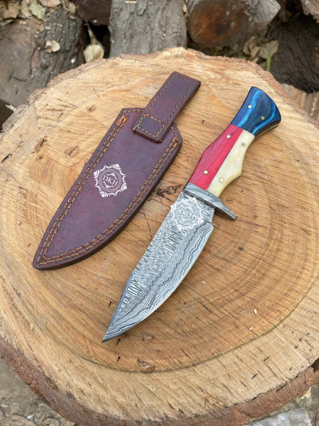 American flag Themed Handle Hunting Knife With Leather Sheath Cover