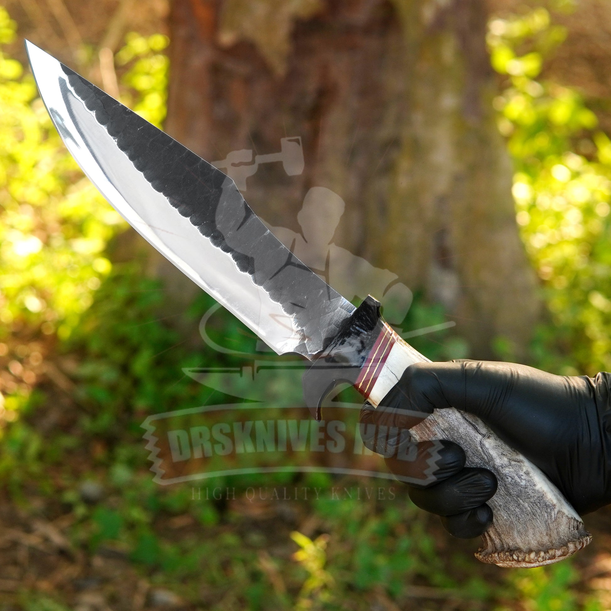 Hand Forged D2 Steel Bowie Knife: Stag Antler Handle, Leather Sheath | DRSKNIVES HUB