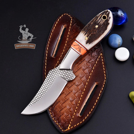 Handmade Rasp Steel Cowboy  Knife | Antler & Turquoise Handle | Leather Sheath
